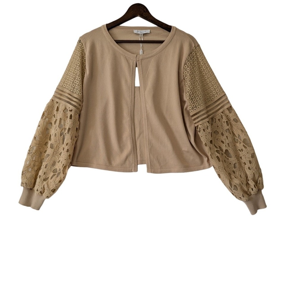 Siani Milano Cardigan Sweater Womens Size XL Flax Tan Open Lace Sleeves Modest - Picture 2 of 10